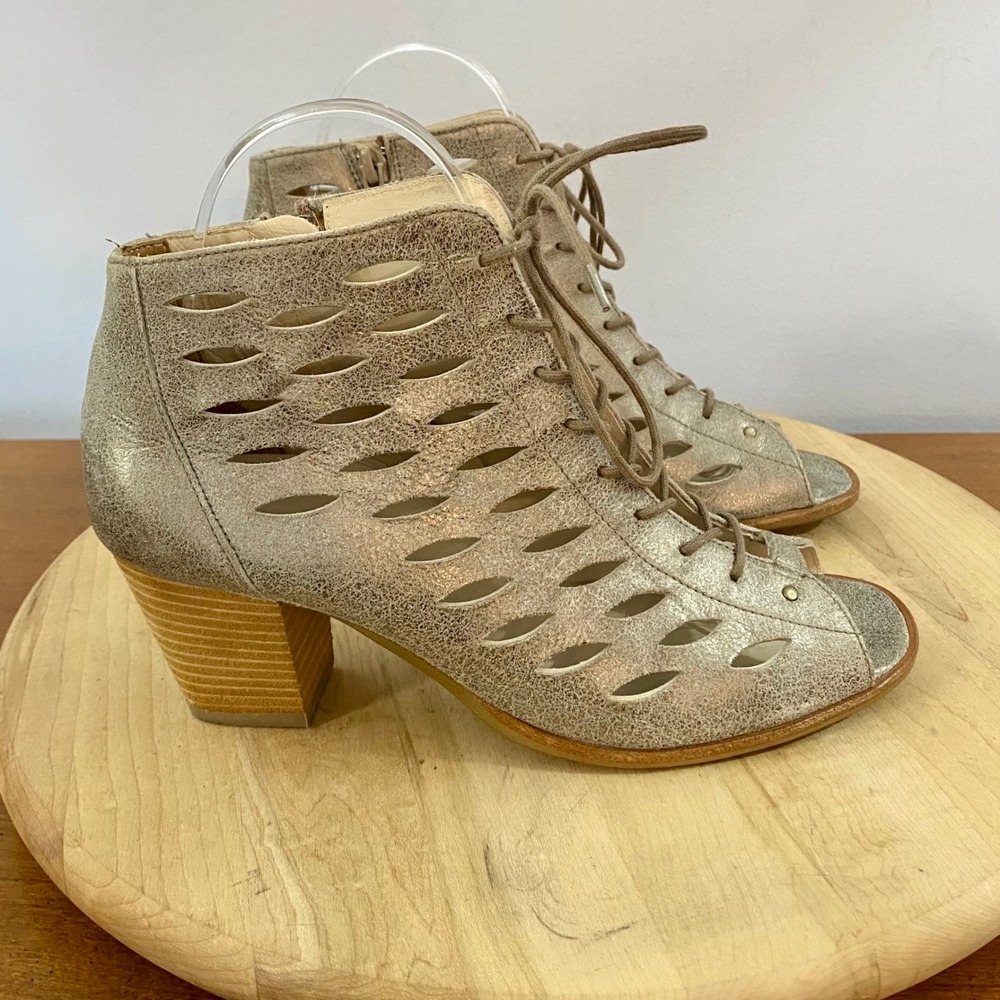 Paul Green Bali Lace Up Bootie Sandals Perforated‎ Suede Taupe Heel UK 5 US 7.5